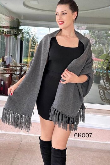 MODAMERSİ Women's Anthracite Tassel Detailed Knitwear Poncho