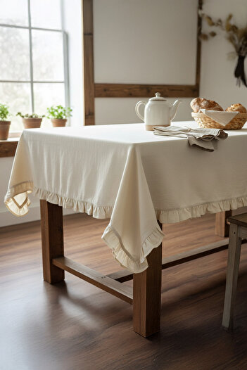 YUNUSOĞLU HOME Ruffled Cream Cotton Tablecloth – Stylish and Elegant Design