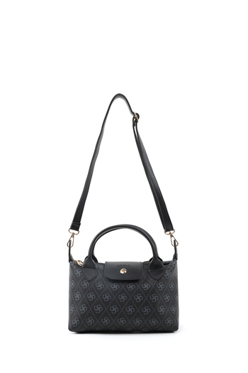 SHAKA Monogram Printed Black Shk135 Faux Leather, Single Compartment, Double Strap Hand, Arm and Cross Shoulder Bag