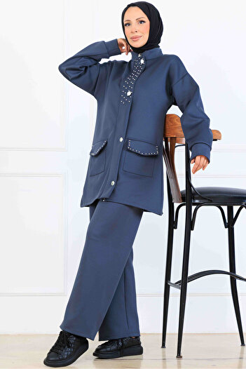 benguen Bead Detailed Scuba Double Suit N5334 Anthracite