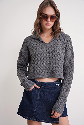 Mixray 6896 Women's Knitted Detailed Crop Sweater Anthracite