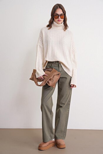 Mixray 6928 Women's Ribbed Turtleneck Knit Sweater Natural