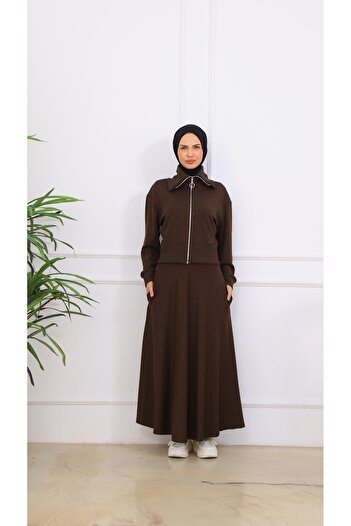 VENT GİYİM Moda Ribanalı Takım |   Women's Zippered Crop Top and Long Skirt Two-Piece Set |   Cotton Fabric