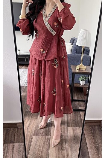 Opera Fashion Women's Brick-Color Embroidered Linen Jacket and Skirt Set