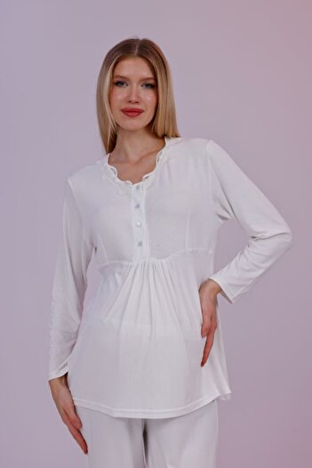 LOHOUSE Women's Ecru Flounce Sleeve Cotton Long Sleeve Maternity Pajama Set with Dressing Gown 3-Piece Set