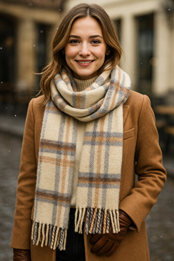 Luminos Butik Women's Beige Plaid Patterned Scarf-Shawl Sal1297