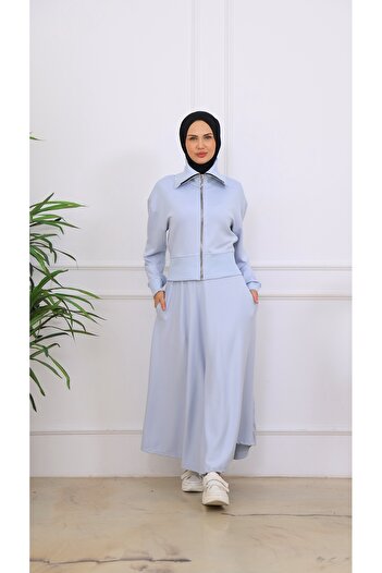 VENT GİYİM Moda Ribanalı Takım |   Women's Zippered Crop Top and Long Skirt Two-Piece Set |   Cotton Fabric