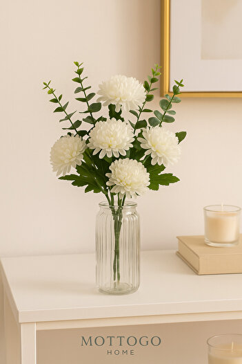 Mottogo Buchet de crizanteme albe și eucalipt – floare artificială moale și elegantă pentru decorarea casei