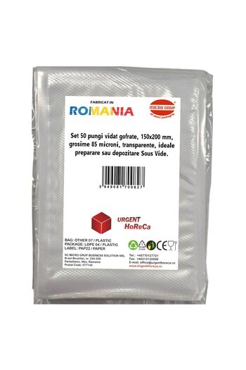 Urgent Horeca Pungi vidat gofrate 150x200 mm, grosime 85 microni transparente, ideale preparare Sous Vide, set 50