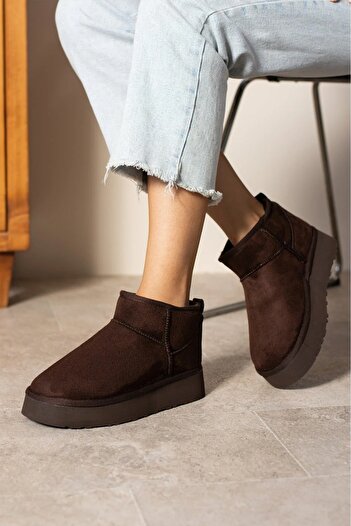 Lively Stylish Andra Brown Γυναικείες μπότες με χοντρή σόλα από σουέτ με επένδυση από γούνα, άνετες καθημερινές μπότες