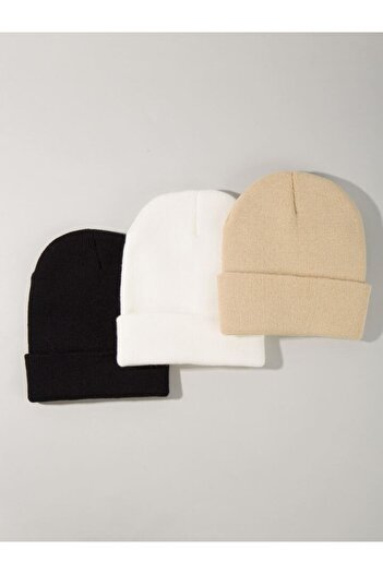 GC GÖKHAN CLUB Unisex Folded Black, White, Gray 3-Piece Beret Set