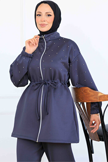 benguen Bead Detailed Scuba Double Suit N5361 Anthracite