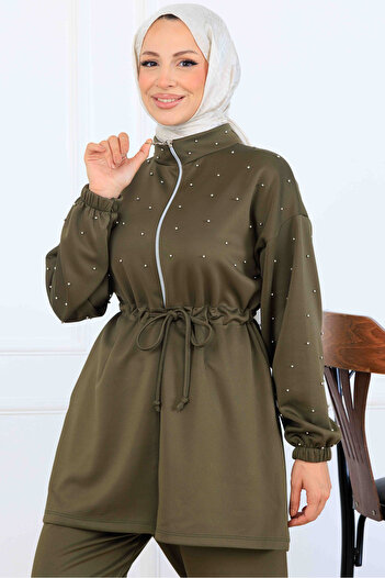 benguen Bead Detailed Scuba Double Suit N5361 Khaki