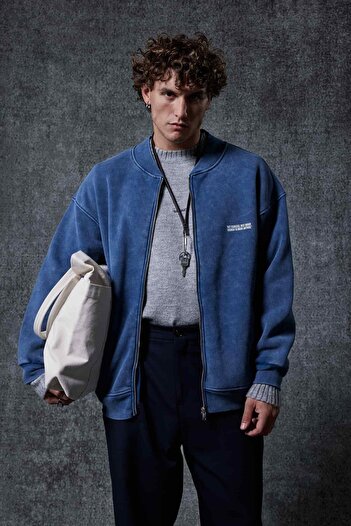 ablukaonline Men's Oversize Washable Zippered Sweatshirt Navy Blue