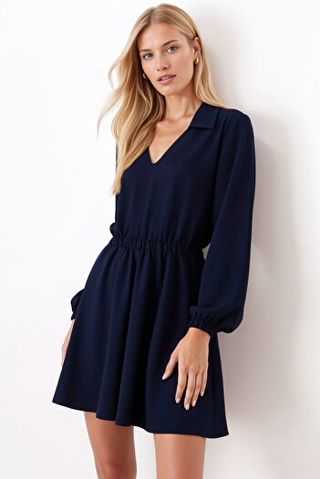 armonika Women's Navy Blue Shirt Collar Detailed Dress with Elastic Waist and Sleeves Arm-26K001023