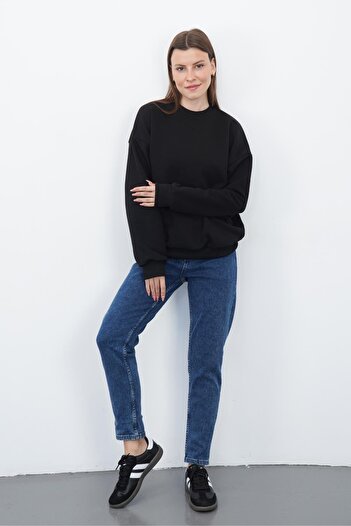 penyebizden Valeria Women's 3 Thread Non-Brushed Cotton Oversize Crew Neck Black Sweatshirt