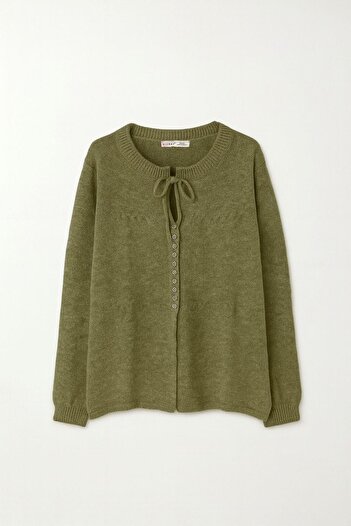 Mixray 6952 Women's Knitted Sweater with Tie Button Detail Khaki