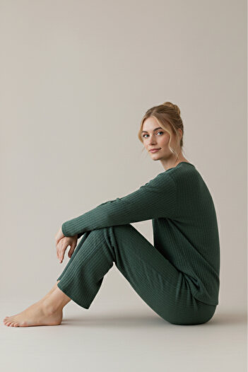 Farya Home Cotton Thick Winter Stripe Ribbed Interlock Knitted Pajama Set