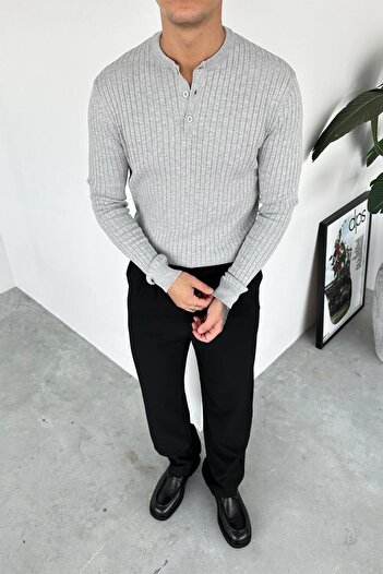 HAFKAGİYİM Gray Buttoned Collar Relaxed Long Sleeve T-Shirt