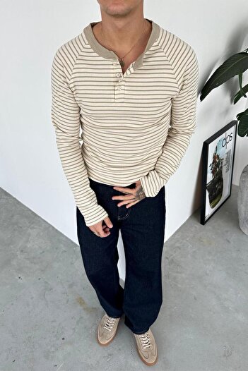 HAFKAGİYİM Beige Premium Striped Buttoned Collar Long Sleeve T-Shirt