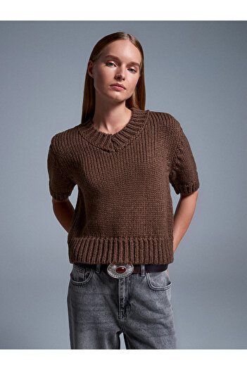 Dilvin 10831 V-Neck Short Sleeve Knitwear Sweater-Brown