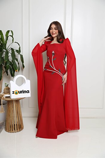 zourina Women's red crepe embroidered evening dress with beads