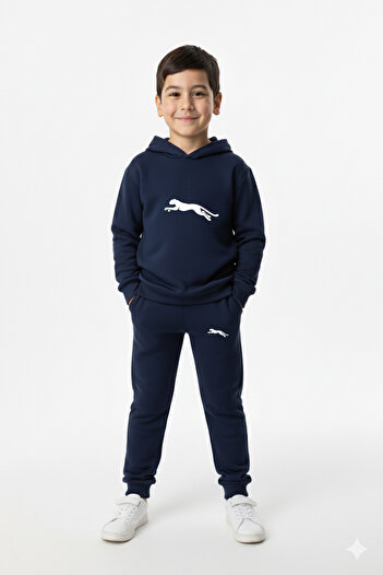 Let's Wear Running leopard print kids' hooded premium compact sweatshirt tracksuit set with pockets and drawstring.