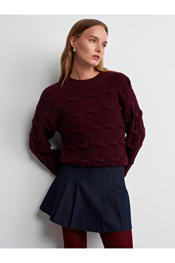 Dilvin 10825 Embossed Detailed Knitwear Sweater-Burgundy M.