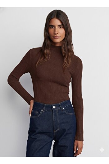 Dilvin 10631 Stand Collar Fine Textured Knit Sweater-Brown