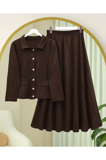 Modamorfo Buttoned Front Skirt and Collared Knitwear Set - Brown
