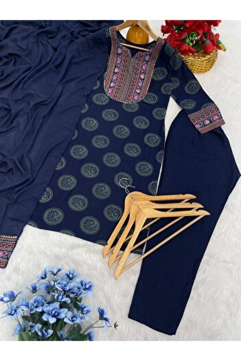 MYSMAR Blue Rayon Salwar Kameez & Dupatta - FFT2540 | Blue