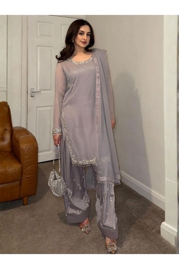 MYSMAR Gray Faux Georgette Salwar Kameez & Dupatta - HRT2555 | Gray