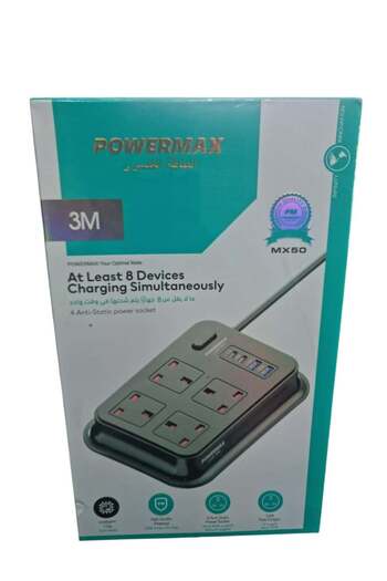 powermax Power Strip 3-meter 4 outlets and 2 USB + 2 USB-C ports , r - 4 Wide Sockets for Office, Id