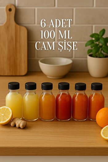 Rotanev 6 Pieces 100 ml Clear Detox Shot Bottle with Lockable Black Cap 100 Cc Ginger Shot White Glass Bottle