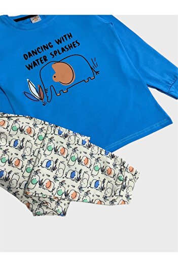 elmas kids Set de pijamale sezoniere cu mâneci lungi, din bumbac, culoare albastră, cu model elefant