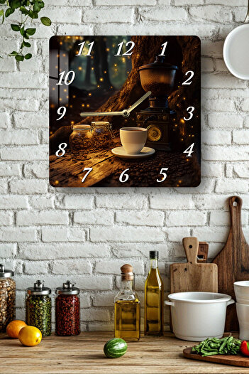 kutuTR Coffee and Mill Themed Tempered Glass Square Clock 33X33 cm Size Uv Printing - Kcs015