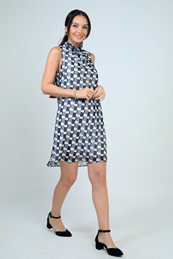 By Saygı Women's Degaje Collar Lined Patterned Short Chiffon Dress