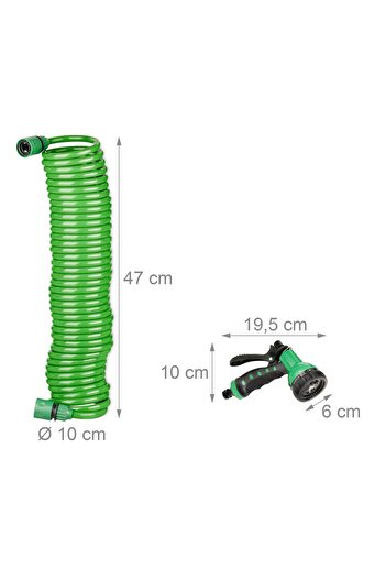 OEM Garden hose, spiral, with watering gun, 7 spray functions, connectors, length 15 meters