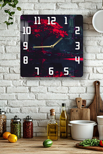 kutuTR Red Tree Themed Tempered Glass Square Clock 33X33 cm Size Uv Printing - Kcs025