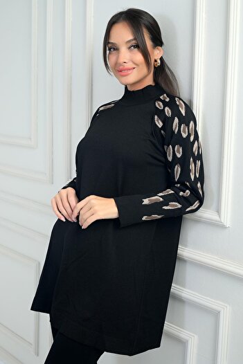 By Saygı Women's Patterned Sleeves Turtleneck Tunic