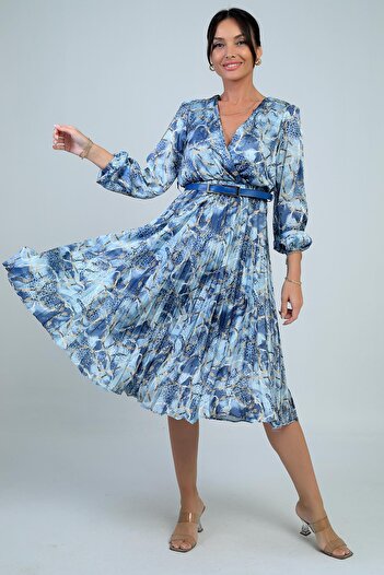 By Saygı Rochie midi din satin pentru femei, cu decolteu dublu, cu centură în talie, căptușită, cu model de lanțuri plisate