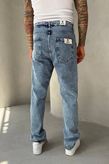 MADZEYMODA Erkek Baggy Kalıp Mavi Yırtık Detaylı Denim Jean Kot Pantolon KE-275
