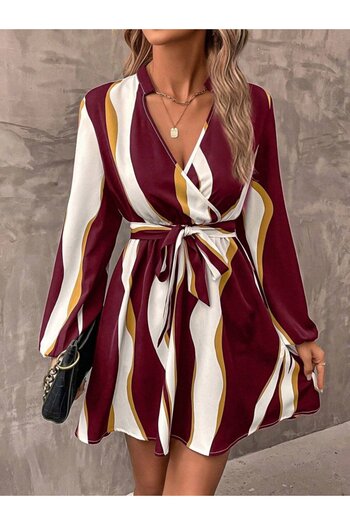 REKA MODA Women's Long Sleeve Double Breasted Collar Patterned Modal Mini Dress