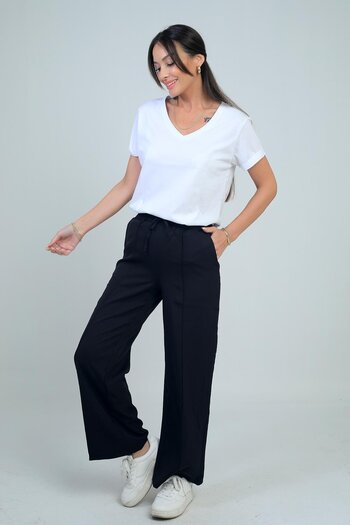 By Saygı Women's Elastic Waist Lace-Up Side Pocket Palazzo Pants