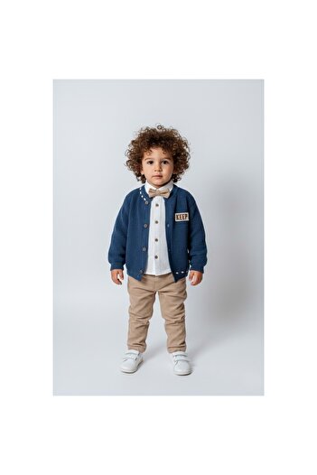 LOVE MAXX Triko Cardigan Shirt Pants Three-Piece Bottom Top Set Navy Blue
