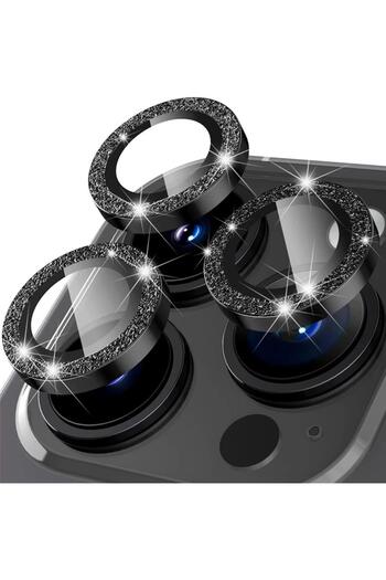Choice 14 Pro - 14 ProMax Black Glitter Diamond Rhinestone Metal Camera Tempered Glass For iPhone 16 Pro Ma