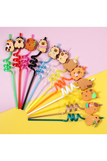 Choice multicolor 12pcs 12pcs Cartoon Capybara Reusable Straws Durable PET Plastic, Fun Animal Designs for
