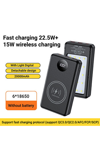 Kebidumei Black 6*18650 Battery Holder Storage Box 22.5W Fast Charging 15W Wireless Charging DIY Shell With LE