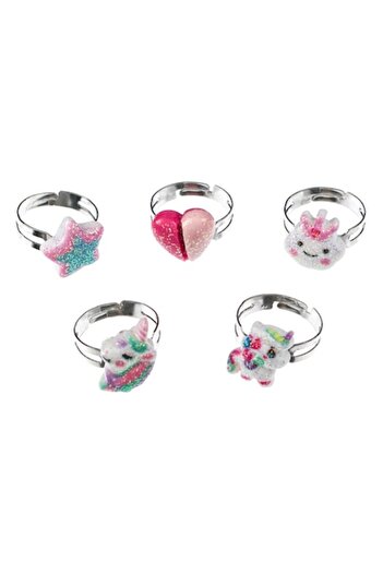 ANTBRO Set Rings for Girls, Heart Unicorn Star Donut Glitter Designs, Multicolor, 5 Pieces