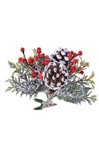Jumbo Christmas Flower with Clips Fir Branch Snow Cones Red Berries 10 cm
